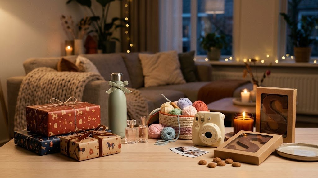 Sinterklaas cadeaus voor een vrouw met drinkfles, haakpakket, instant camera en kaars
