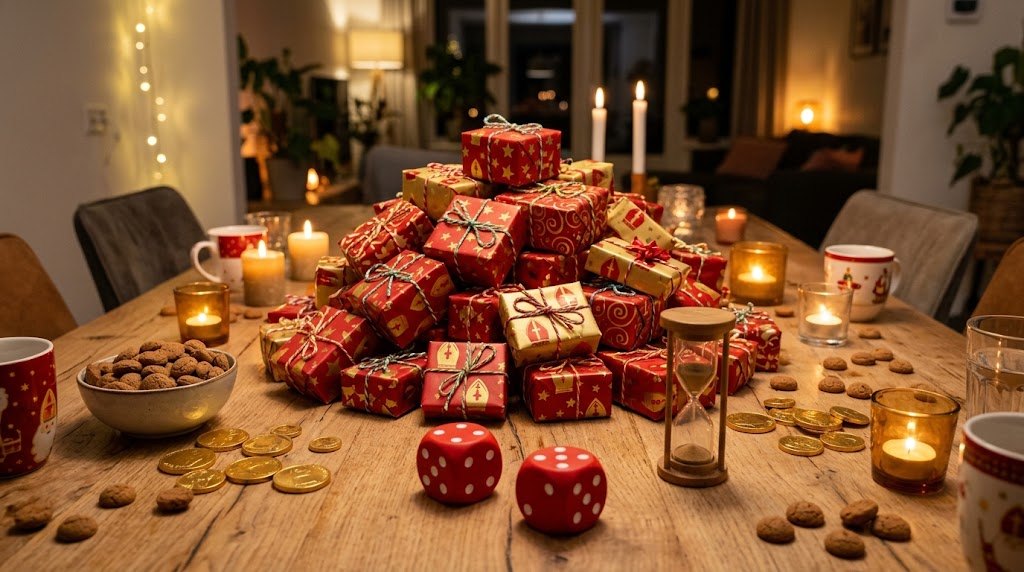 Sinterklaas dobbelspel met cadeautjes, grote dobbelstenen en zandloper op tafel
