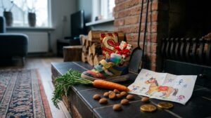 Kinderschoen bij de open haard met chocoladeletter, cadeautje, wortel en tekening voor Sinterklaas