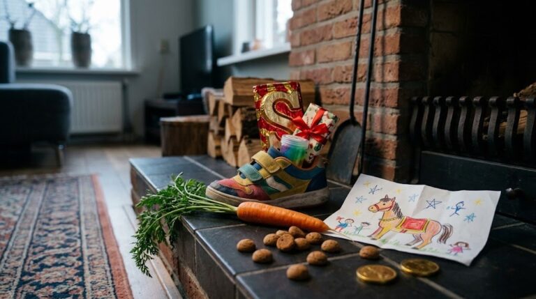 Kinderschoen bij de open haard met chocoladeletter, cadeautje, wortel en tekening voor Sinterklaas